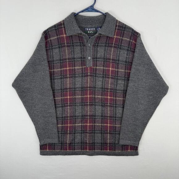 Trader Bay Other - VTG Trader Bay Mens M Sweater Golf Plaid Red Gray Knit Merino Wool Blend Preppy